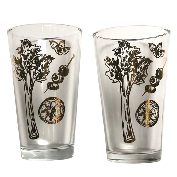 Bloody Mary Tumbler Glasses 17oz Gold Print Celery Olives By American Craft Co - Picture 1 of 6